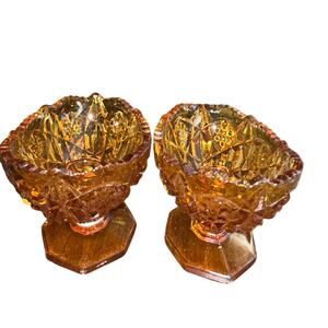 2 Vtg Wheaton Toltec Pedestal candle holders amber glass sawtooth